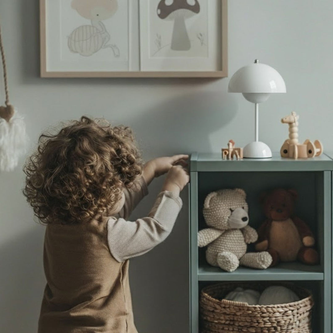 Portabel Flowerbud bordslampa i vit design med mjukt LED-ljus, placerad på hylla i barnrum – batteridriven touchlampa som skapar trygg och mysig belysning