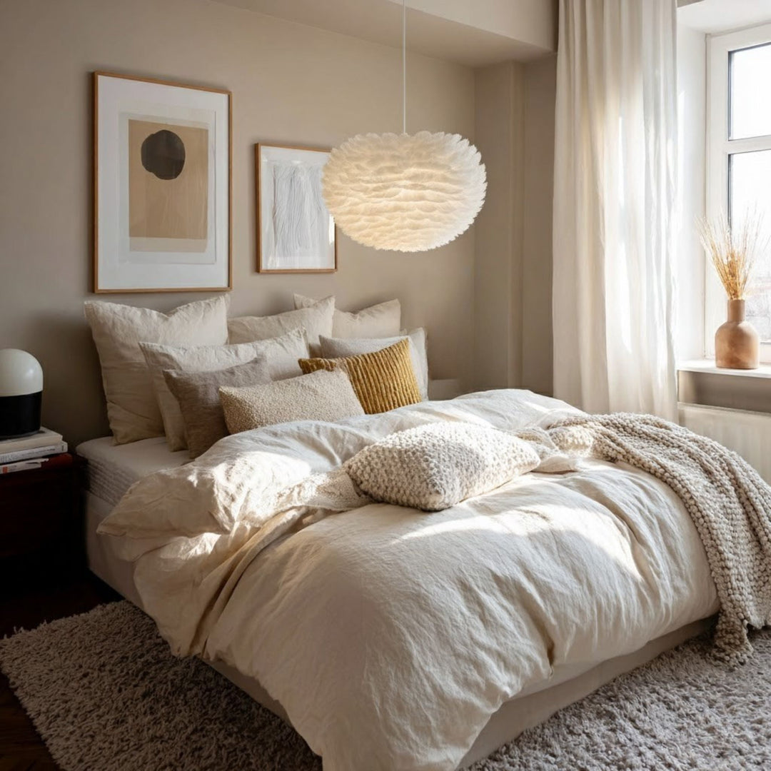 Taklampa Goosy med mjuk molnlik form som hänger över säng i ljust skandinaviskt sovrum – dekorativ designlampa som ger varmt och behagligt ljus.