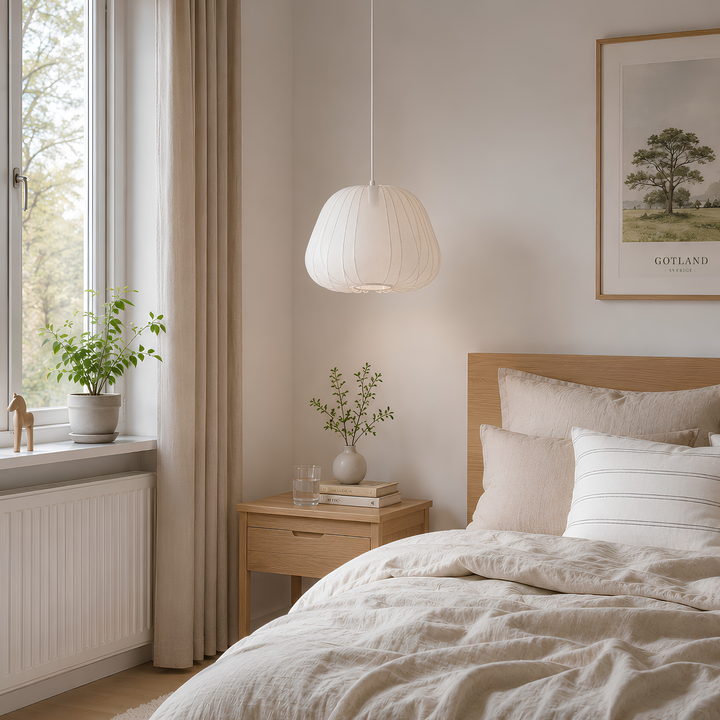 Vit Sfera taklampa med mjukt formad skärm, hängande bredvid sängen i ett ljust skandinaviskt sovrum.