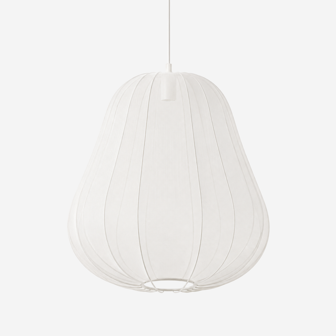 Vit hög Sfera Alta taklampa med droppformad lampskärm i polyestermesh