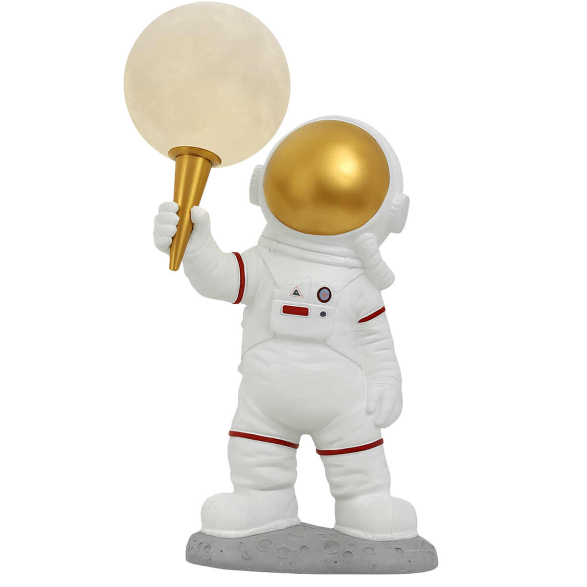 Bordslampa Astronaut i vit design med guldfärgad hjälm och månlampa, lekfull och dekorativ designlampa.