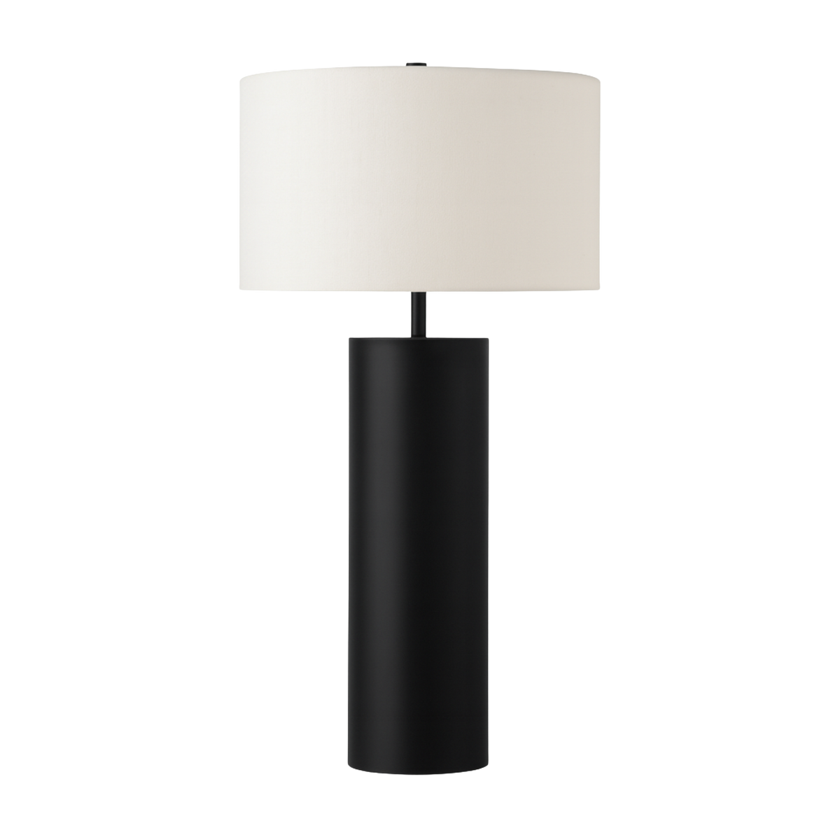 Bordslampa Atlas i svart metall med cylindrisk fot och vit tygskärm i stilren skandinavisk design