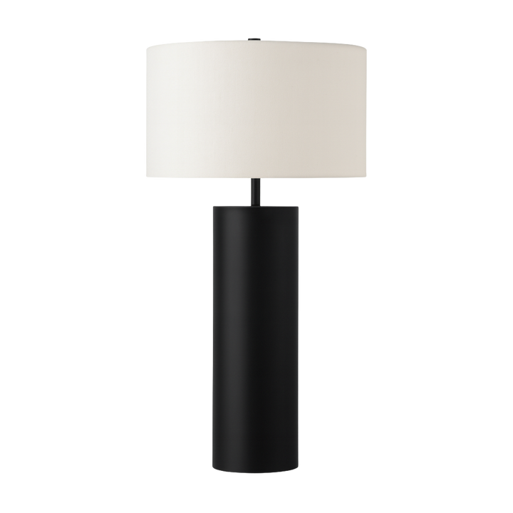 Bordslampa Atlas i svart metall med cylindrisk fot och vit tygskärm i stilren skandinavisk design