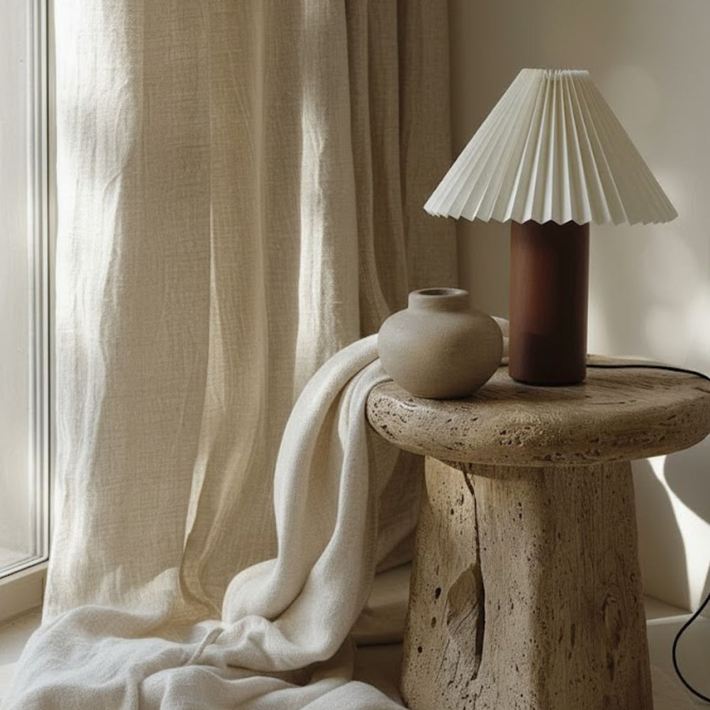 Bordslampa Cask på stenbord i japandi-inspirerad miljö med mjuka texturer