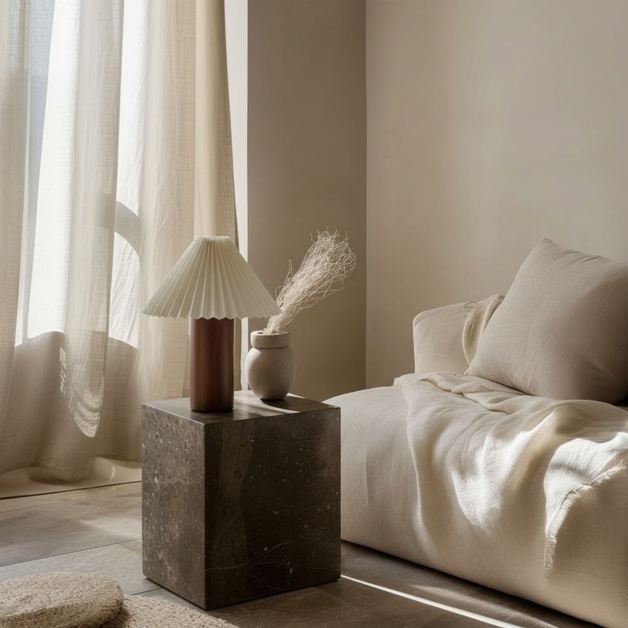 Bordslampa Cask i minimalistiskt vardagsrum med trä, sten och textilier i neutrala färger