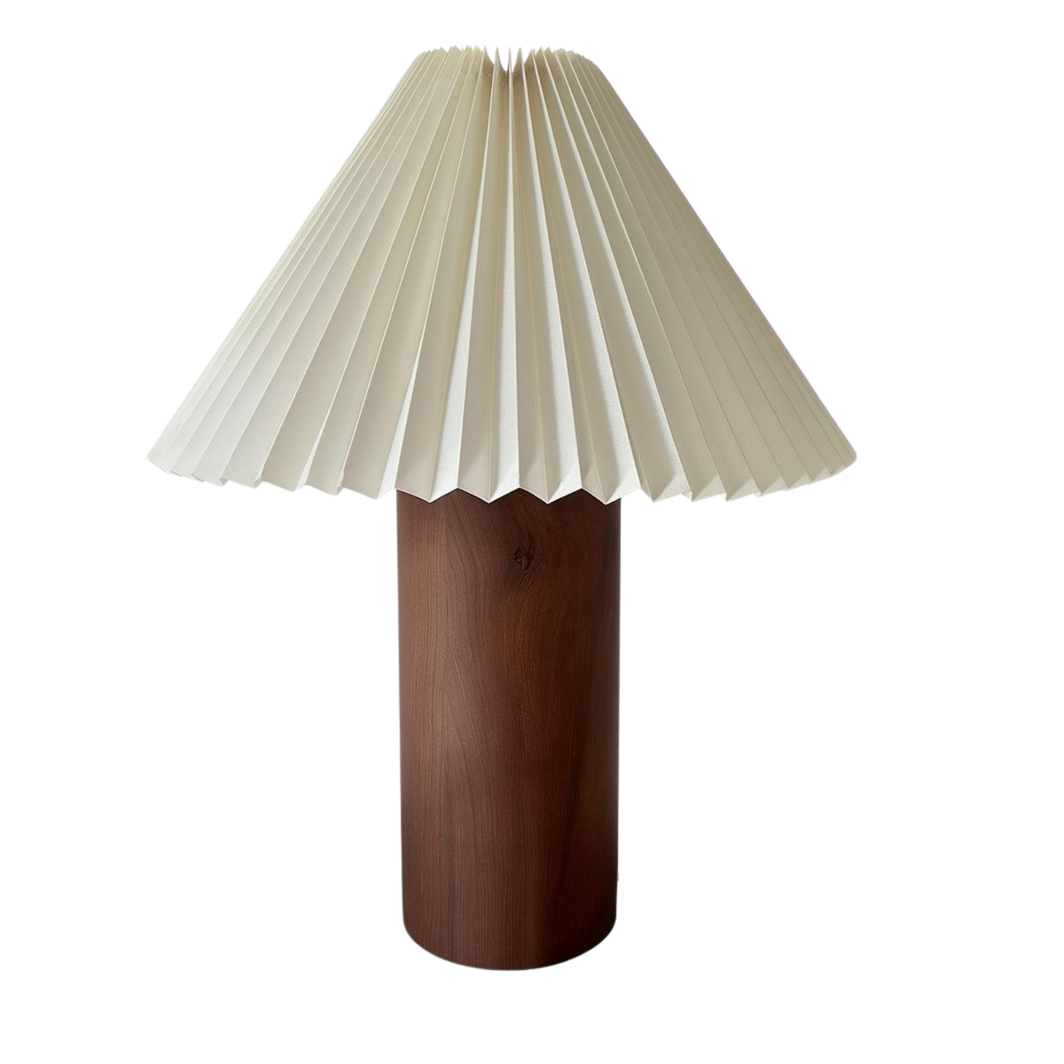 Bordslampa Cask i valnöt med veckad vit lampskärm i skandinavisk design