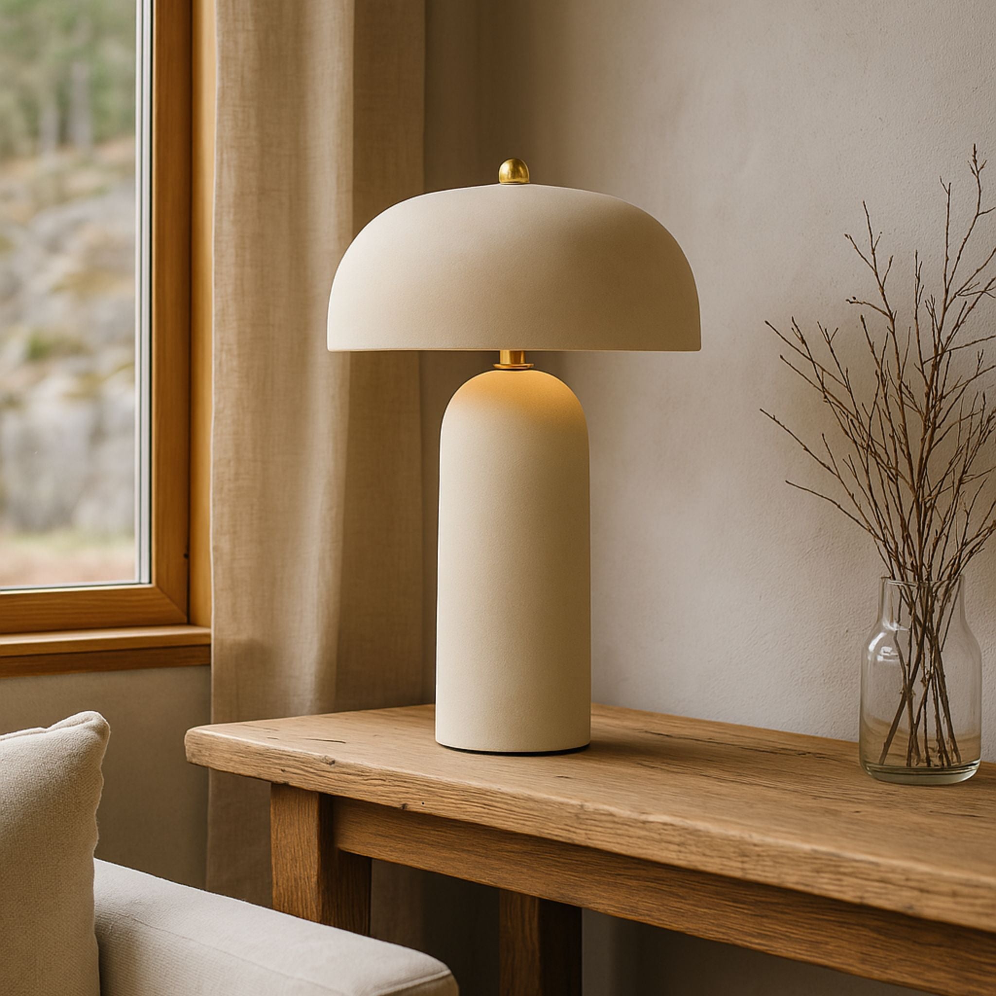 Bordslampa Cavern i beige på träbänk vid fönster, inspirerad av nordisk inredning och naturliga material.