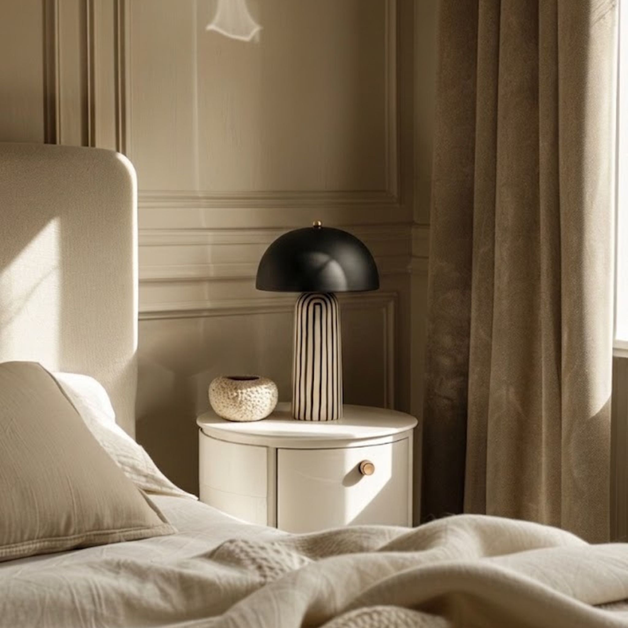 Bordslampa Cavern Zebra på sängbord i sovrum med beige textilier och varm, harmonisk belysning