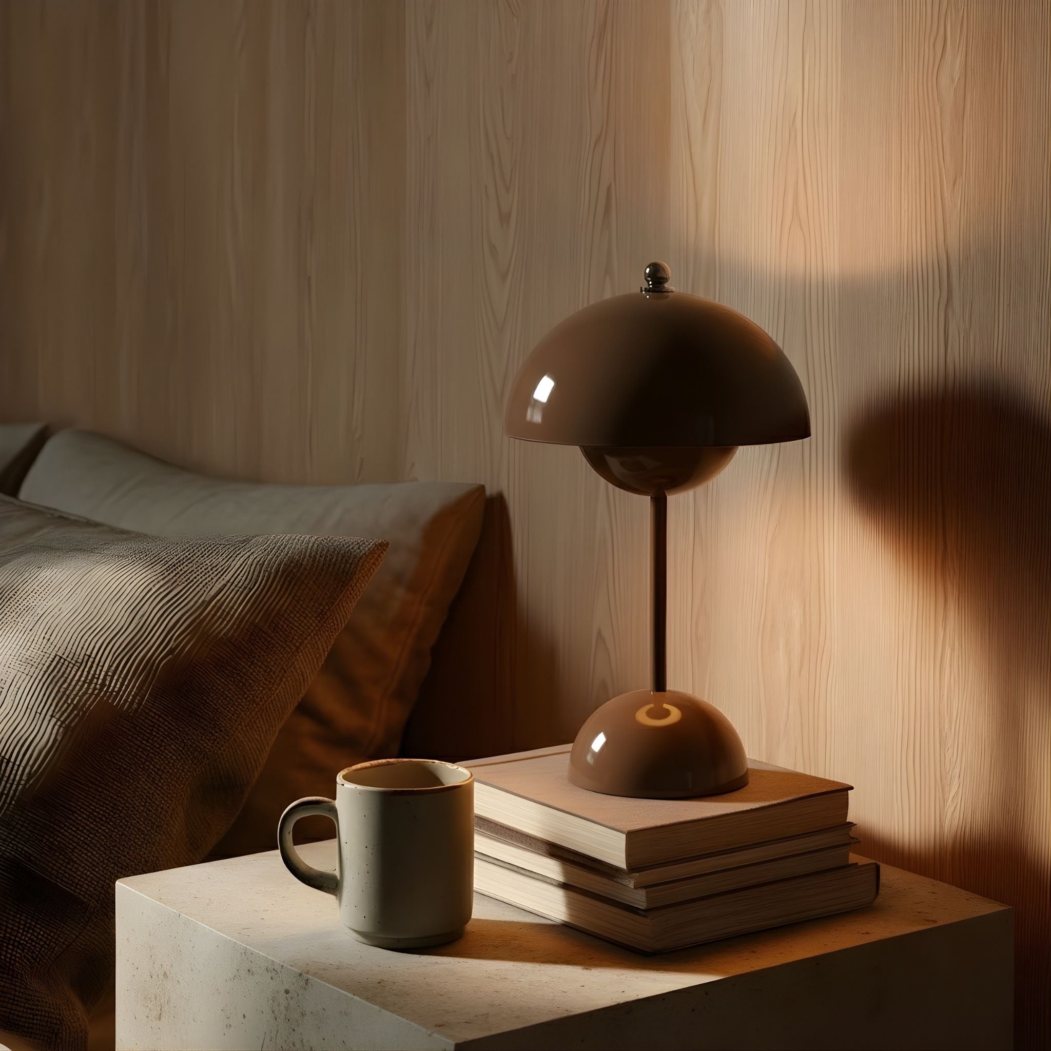 Flowerbud bordslampa i brun placerad på sängbord i sovrum med varmt, stämningsfullt ljus och skandinavisk inredning.