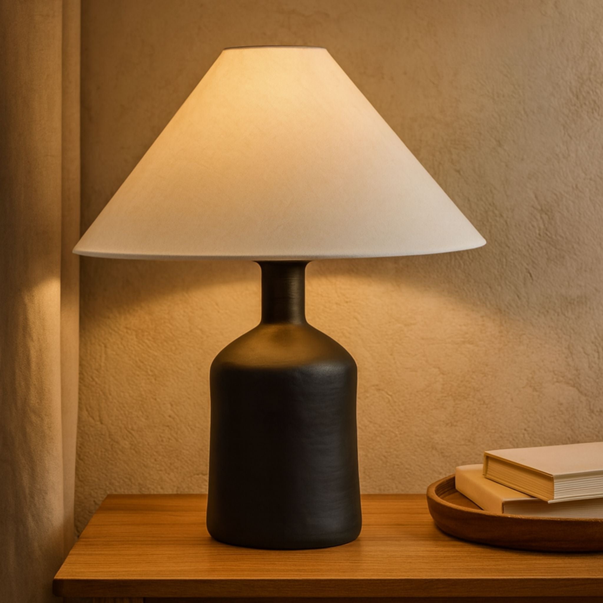 Bordslampa Kura placerad på nattduksbord med varm belysning i lugn skandinavisk sovrumsmiljö.