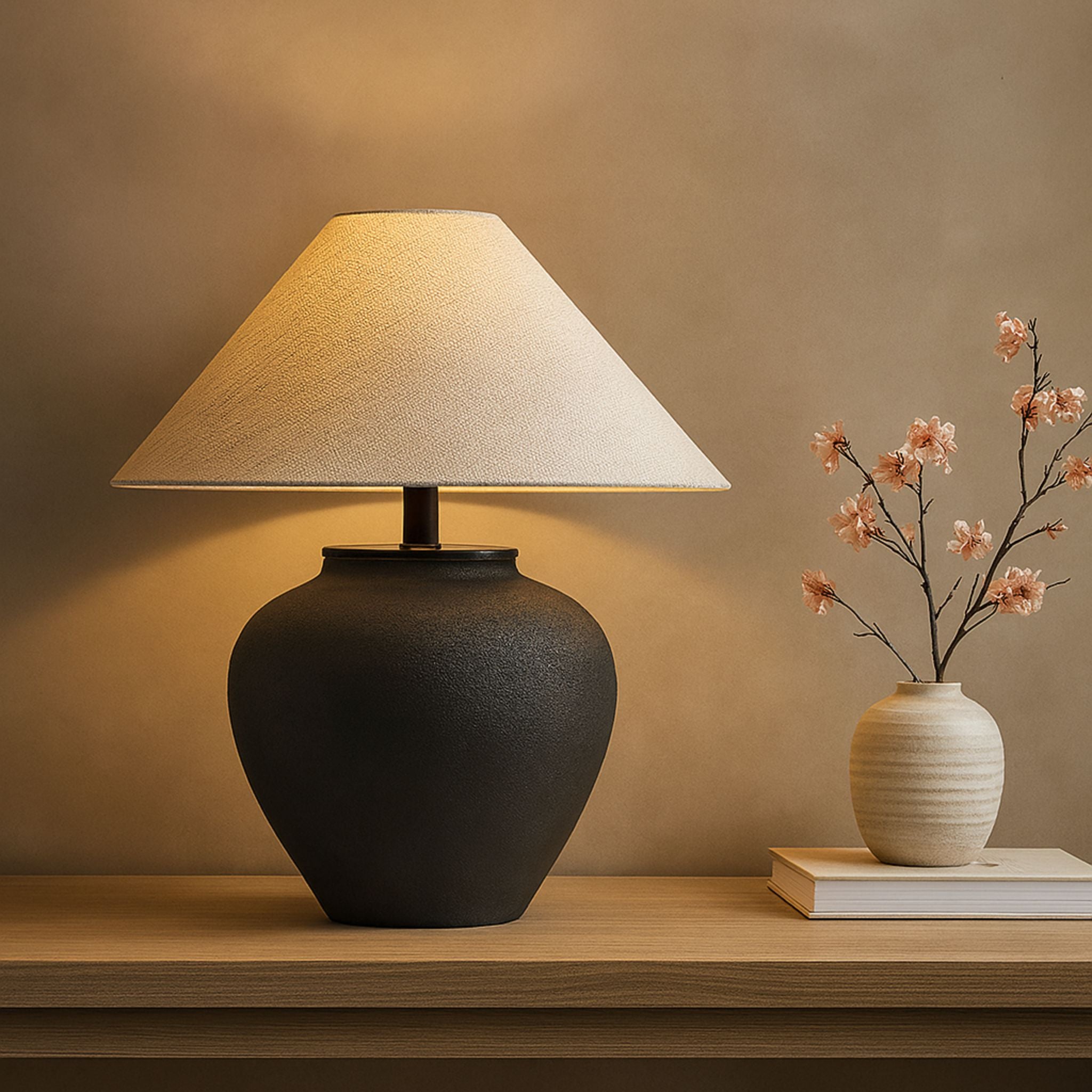 Bordslampa Noir på träskänk i stilren inredningsmiljö med naturliga material och dämpad belysning.