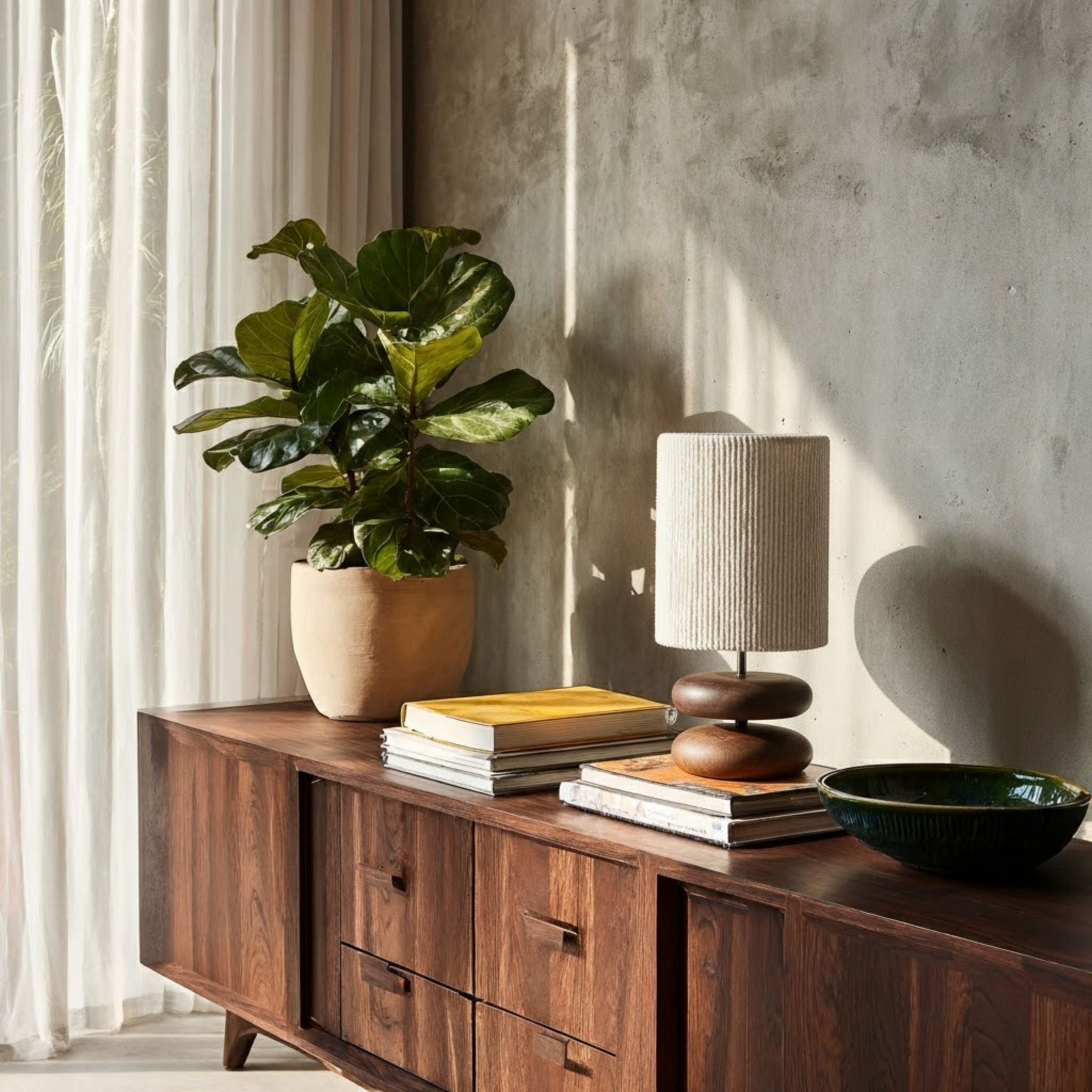 Bordslampa Oto på sideboard i vardagsrum med träyta och grön växt i varm naturlig miljö
