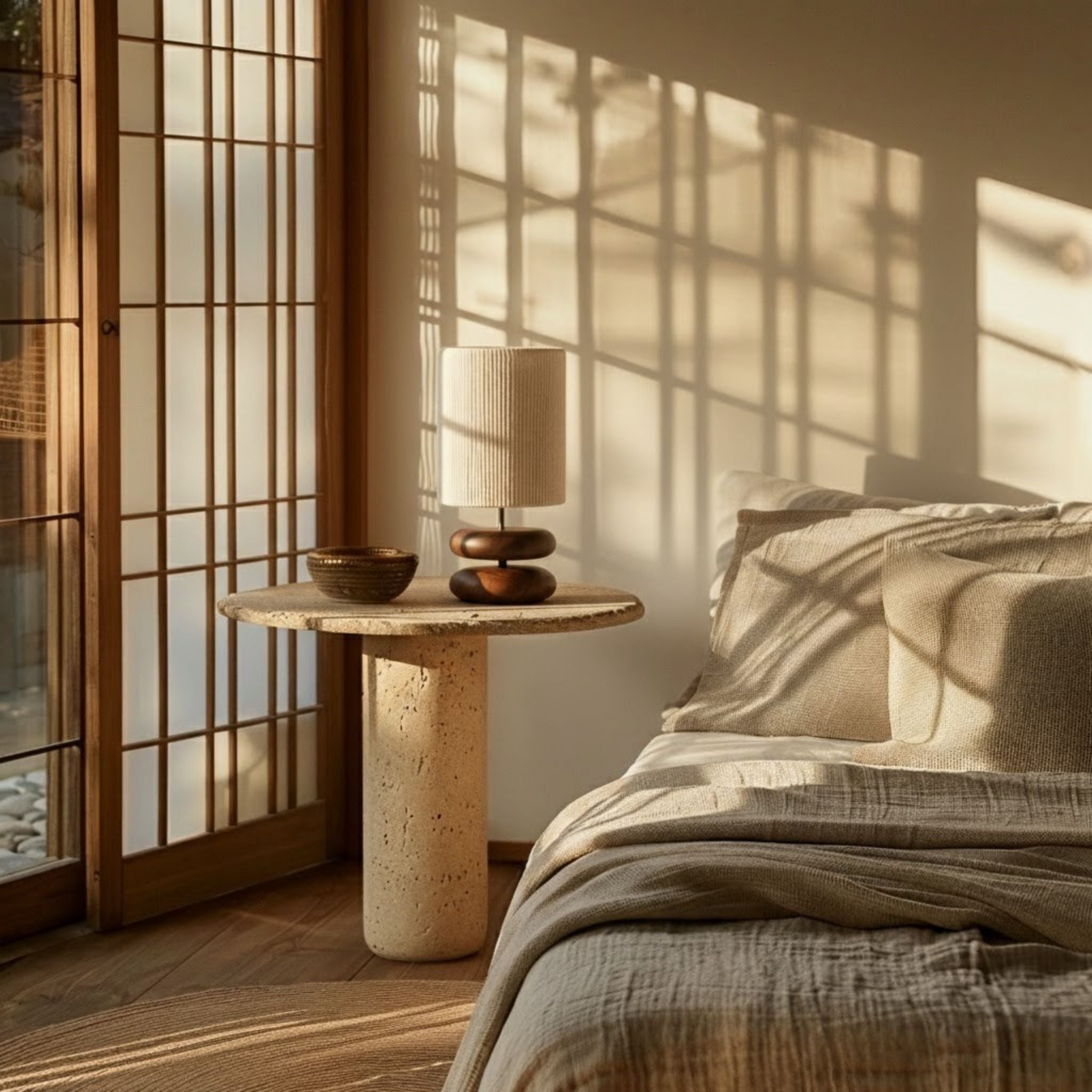Bordslampa Oto i sovrum med shoji-inspirerade dörrar och lugna naturtoner i japandi stil