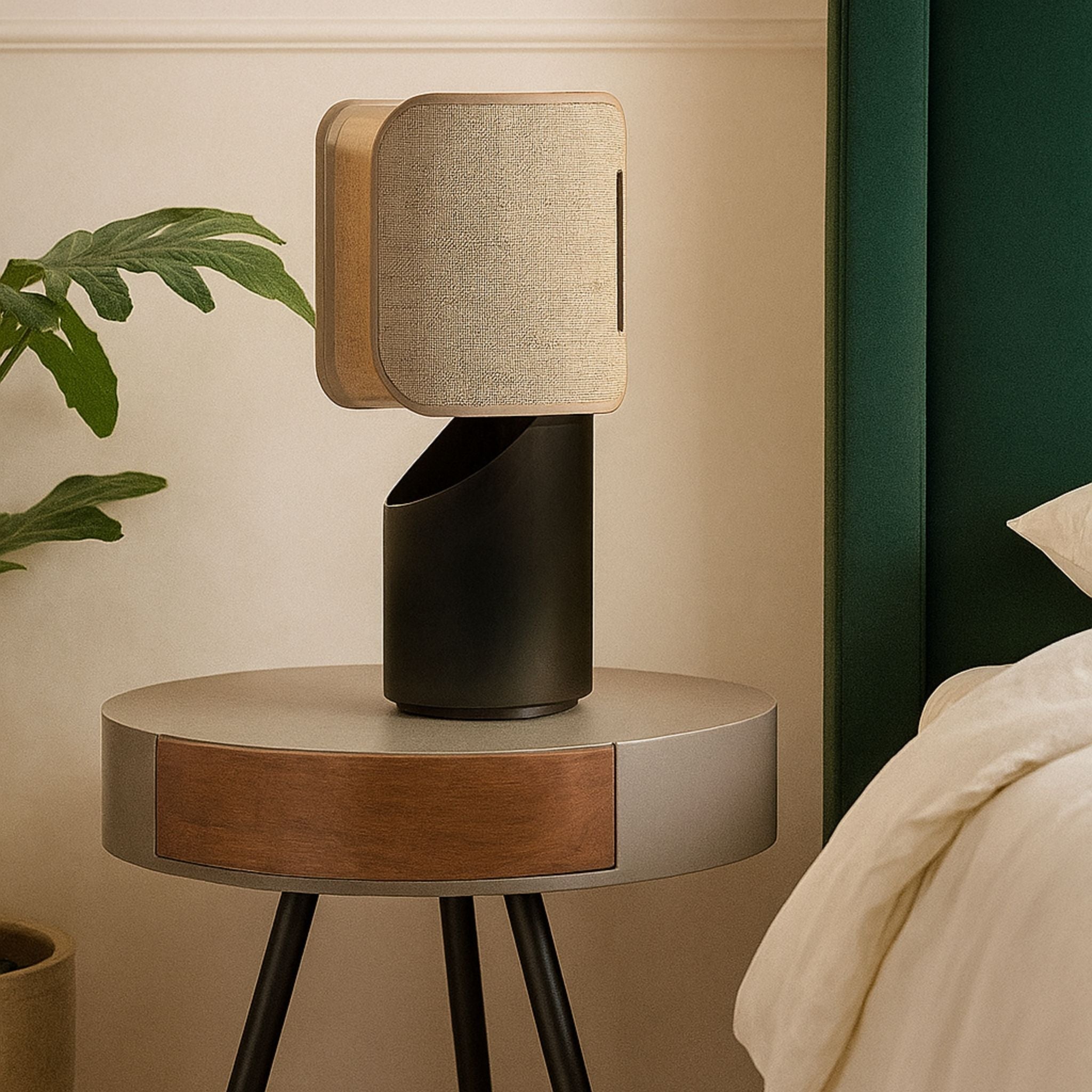 Bordslampa Panelo placerad på runt sidobord i sovrum i modern och harmonisk miljö