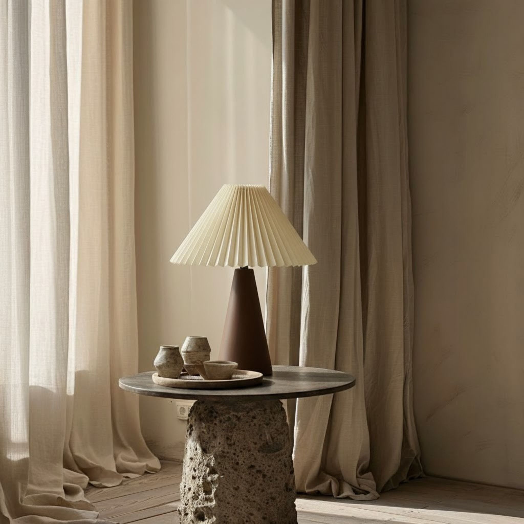 Bordslampa Pino placerad på stenbord i lugn interiör med linnegardiner och mjukt dagsljus
