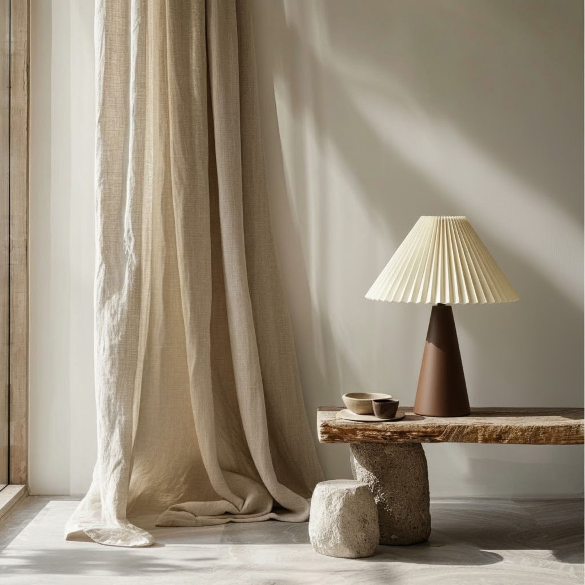 Bordslampa Pino i japandi-inspirerad miljö med stenbord och mjuka naturtoner