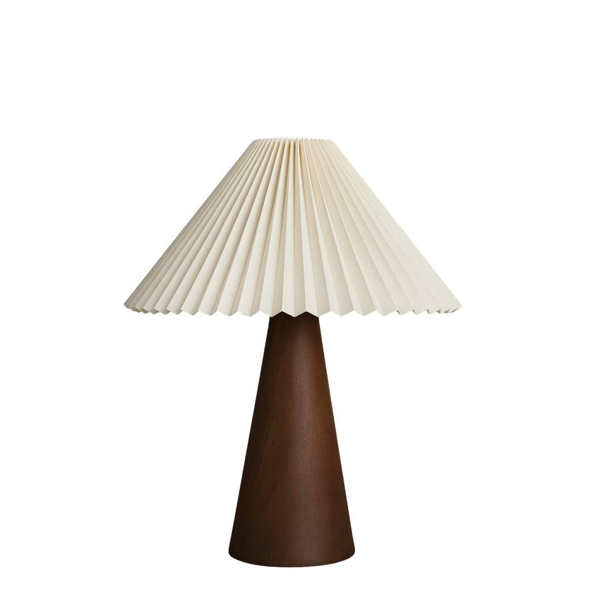 Bordslampa Pino med veckad vit lampskärm och träfot i mörk ton, stilren skandinavisk design