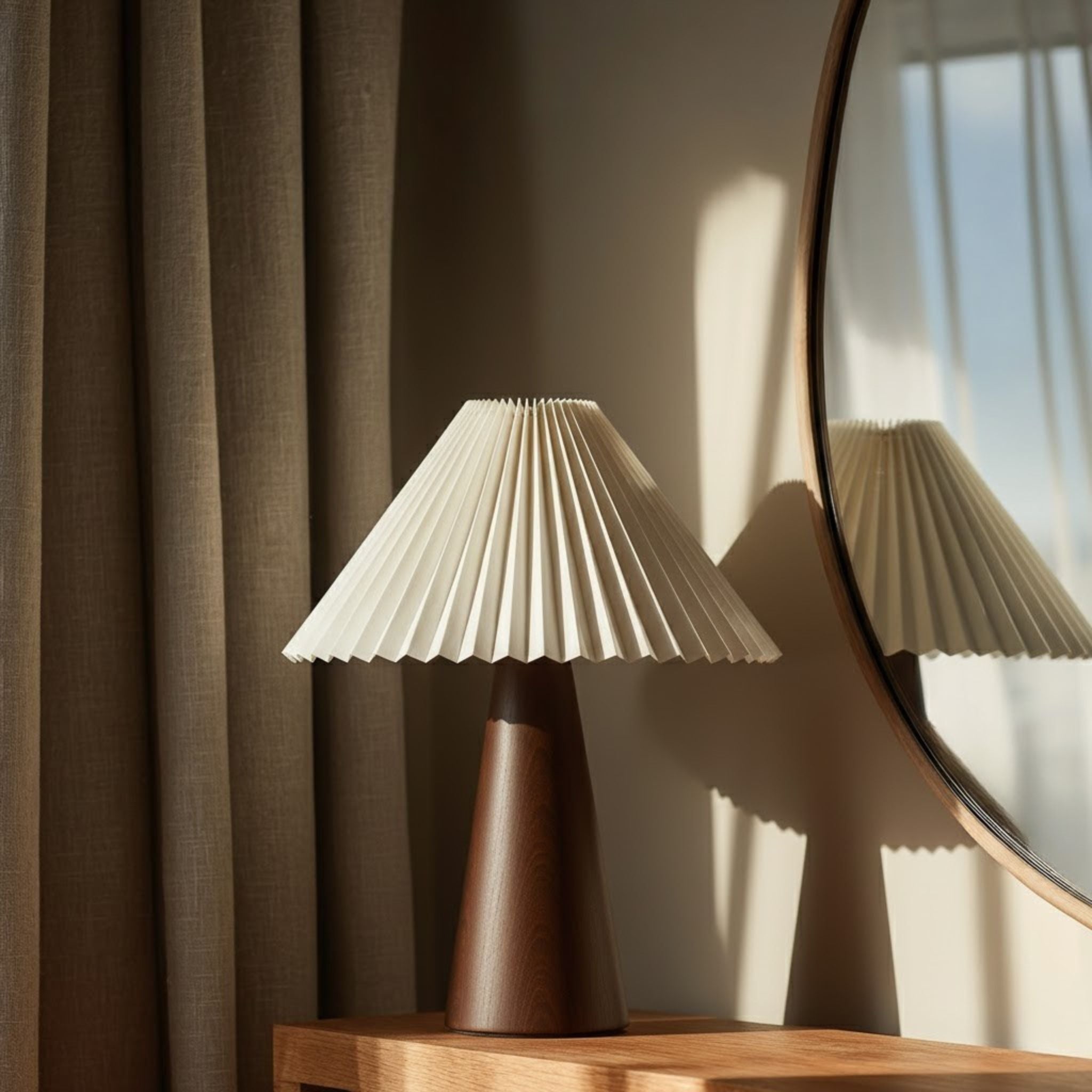 Bordslampa Pino med träbas och plisserad lampskärm placerad på träbord bredvid spegel i varmt skandinaviskt inrett rum.