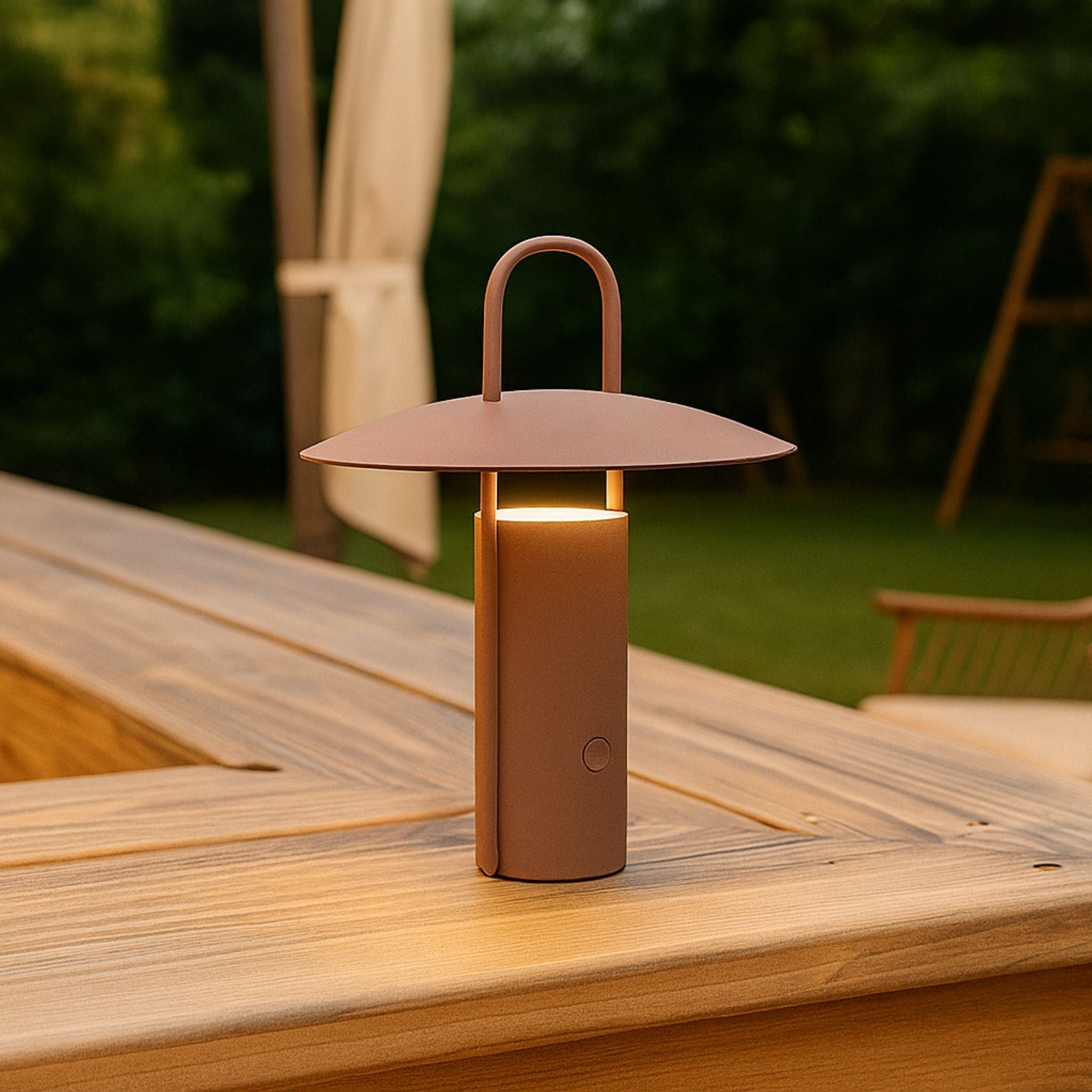 Brun portabel bordslampa Porto på terrassbord som ger mjukt ljus under kvällstid