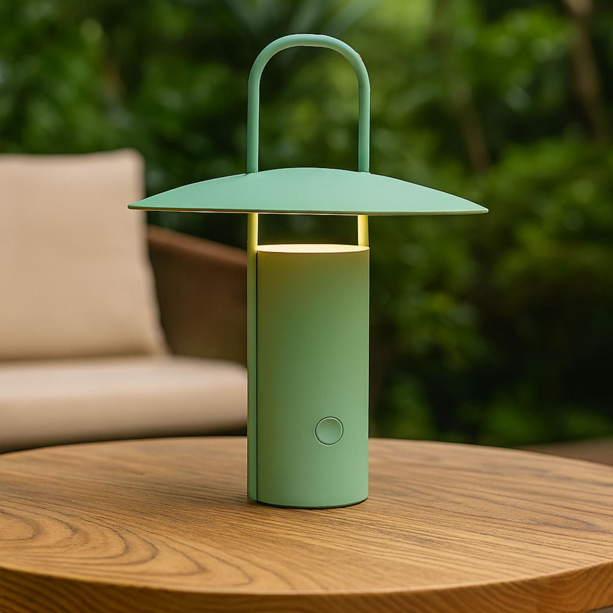 Grön portabel bordslampa Porto placerad på runt bord i trädgård med stämningsfull LED-belysning