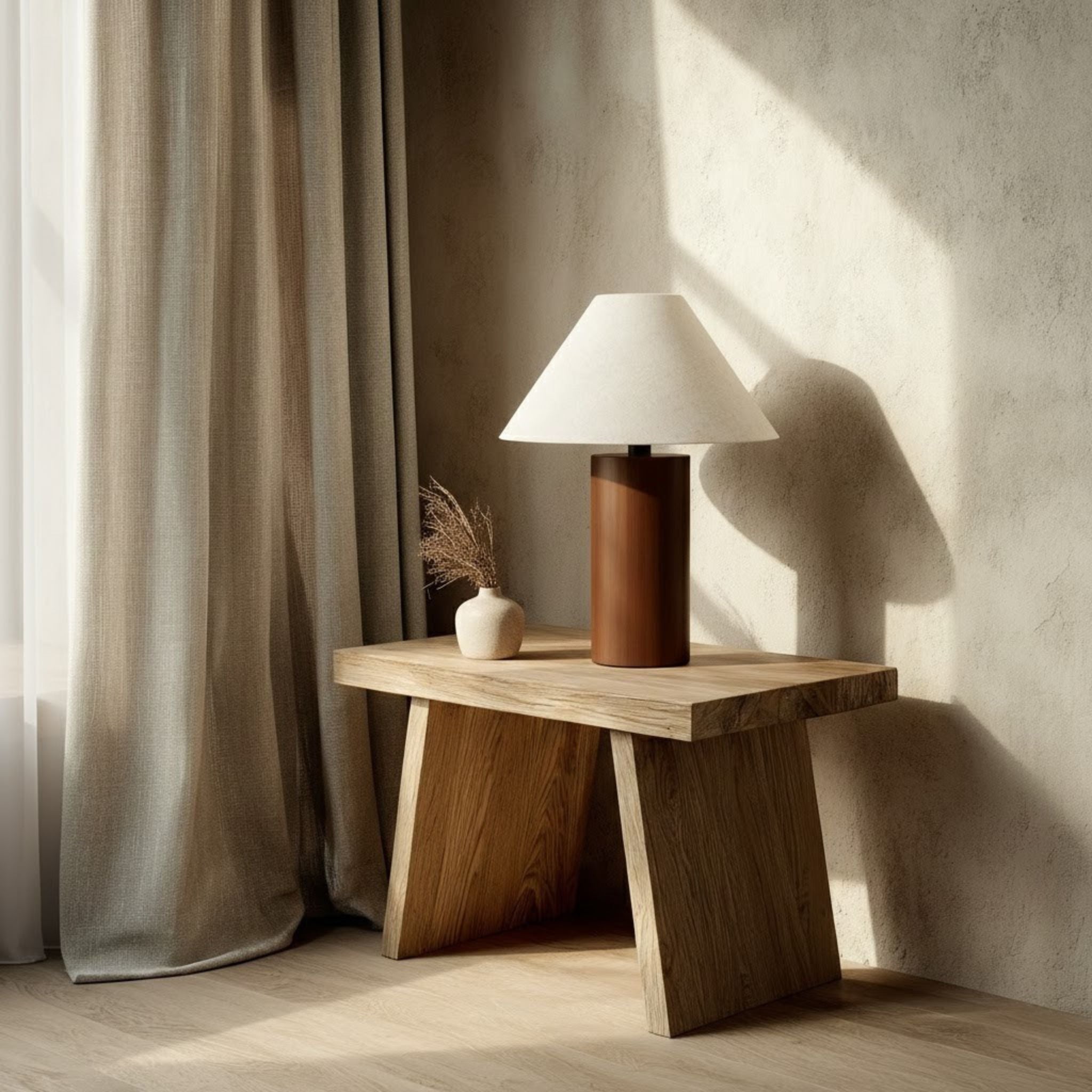 Bordslampa Sirocco med träbas och linneskärm i linnekräm placerad på sidobord vid fönster – stilren bordslampa i skandinavisk design med mjukt stämningsljus för vardagsrum eller sovrum