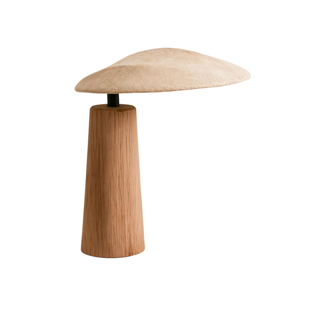 Bordslampa Wabi Sabi i trä med mjukt formad linneskärm i naturlig beige färg, minimalistisk och skandinavisk design