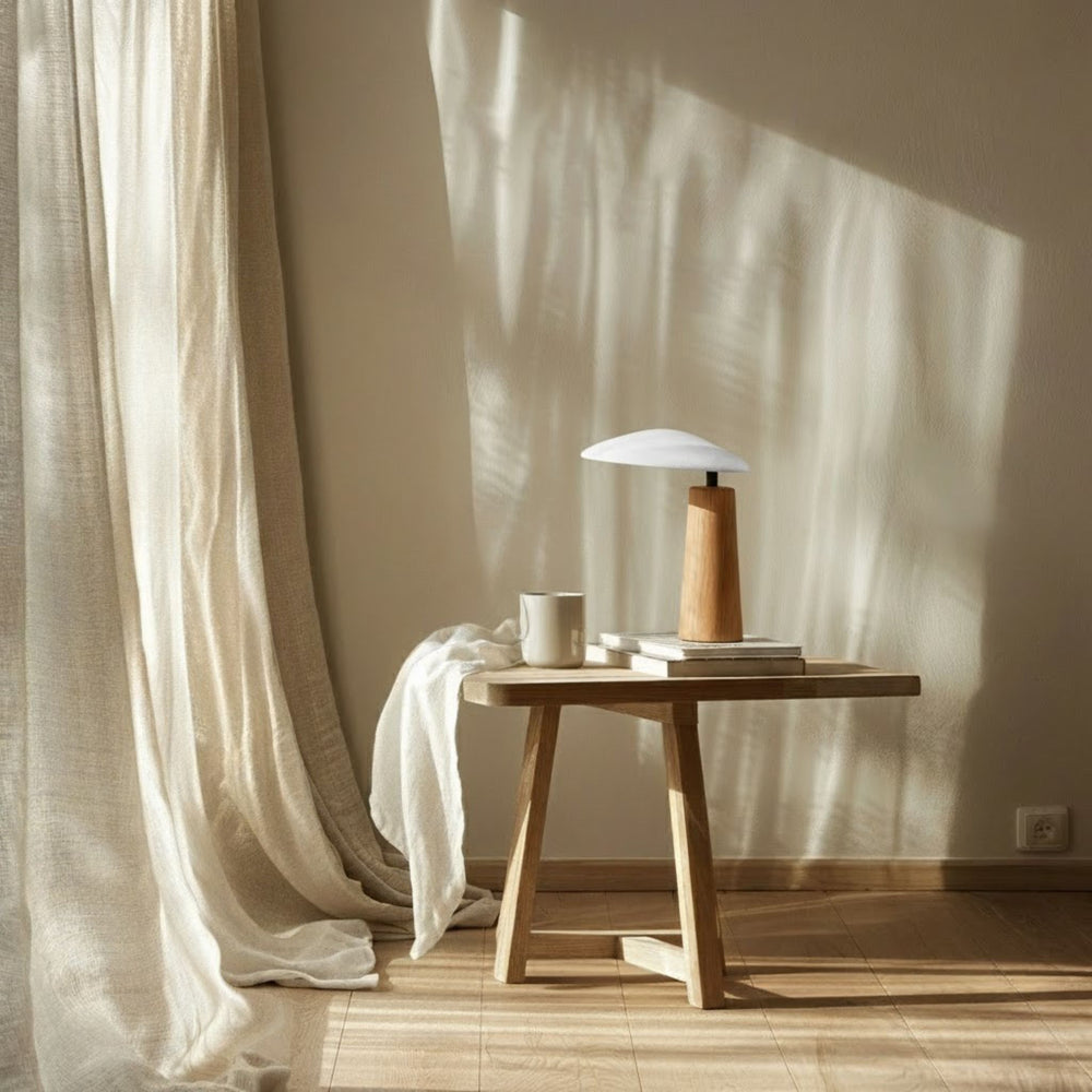 Wabi sabi bordslampa i vit lampskärm i ljust rum med linnegardiner och mjukt dagsljus för en harmonisk känsla