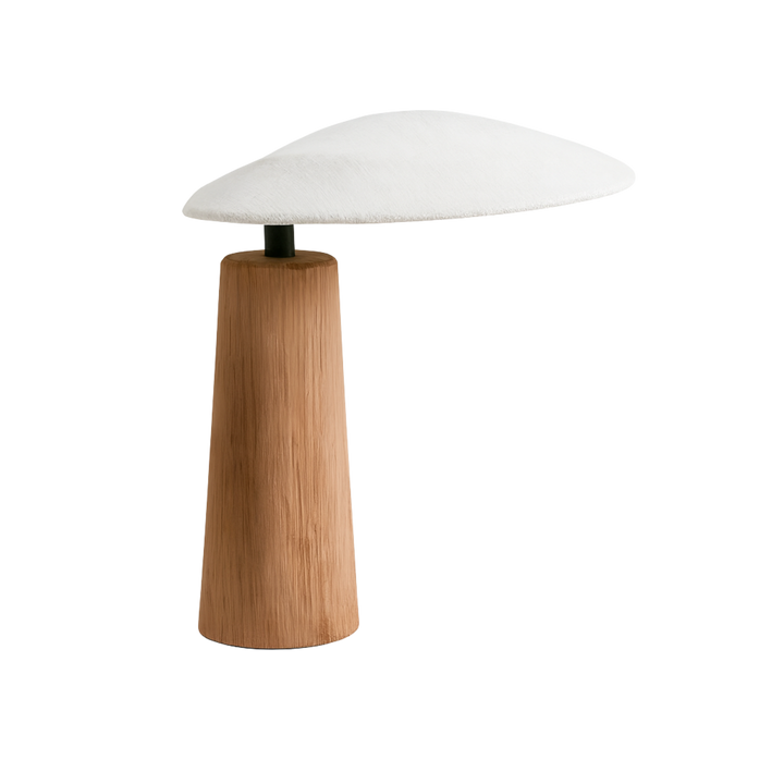 Bordslampa Wabi sabi i trä med mjukt formad linneskärm i vit färg, minimalistisk och skandinavisk design