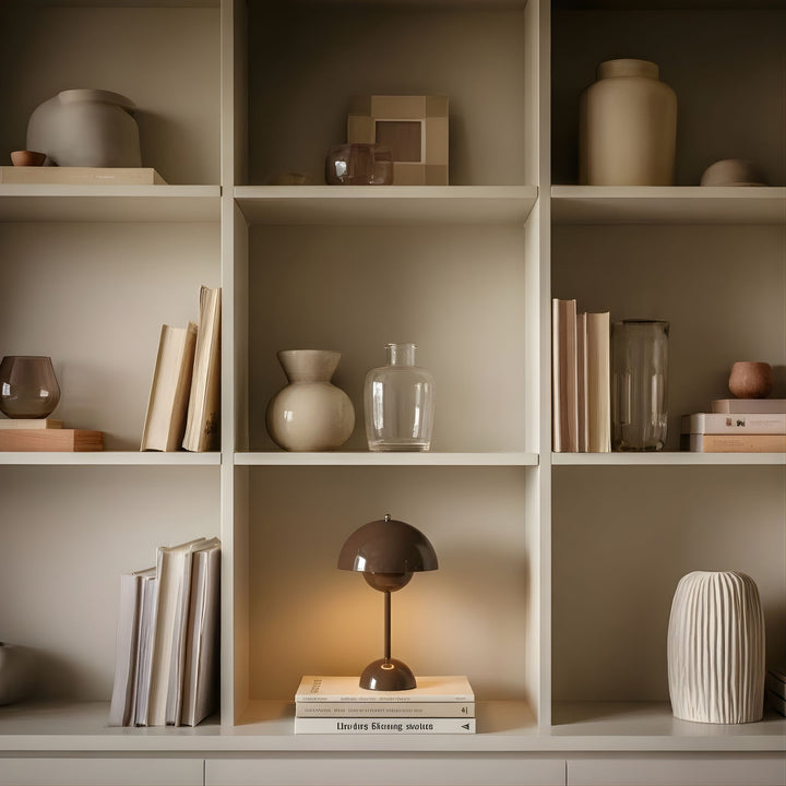 Flowerbud bordslampa i brun placerad i bokhylla som dekorativ belysning i stilren, skandinavisk miljö.