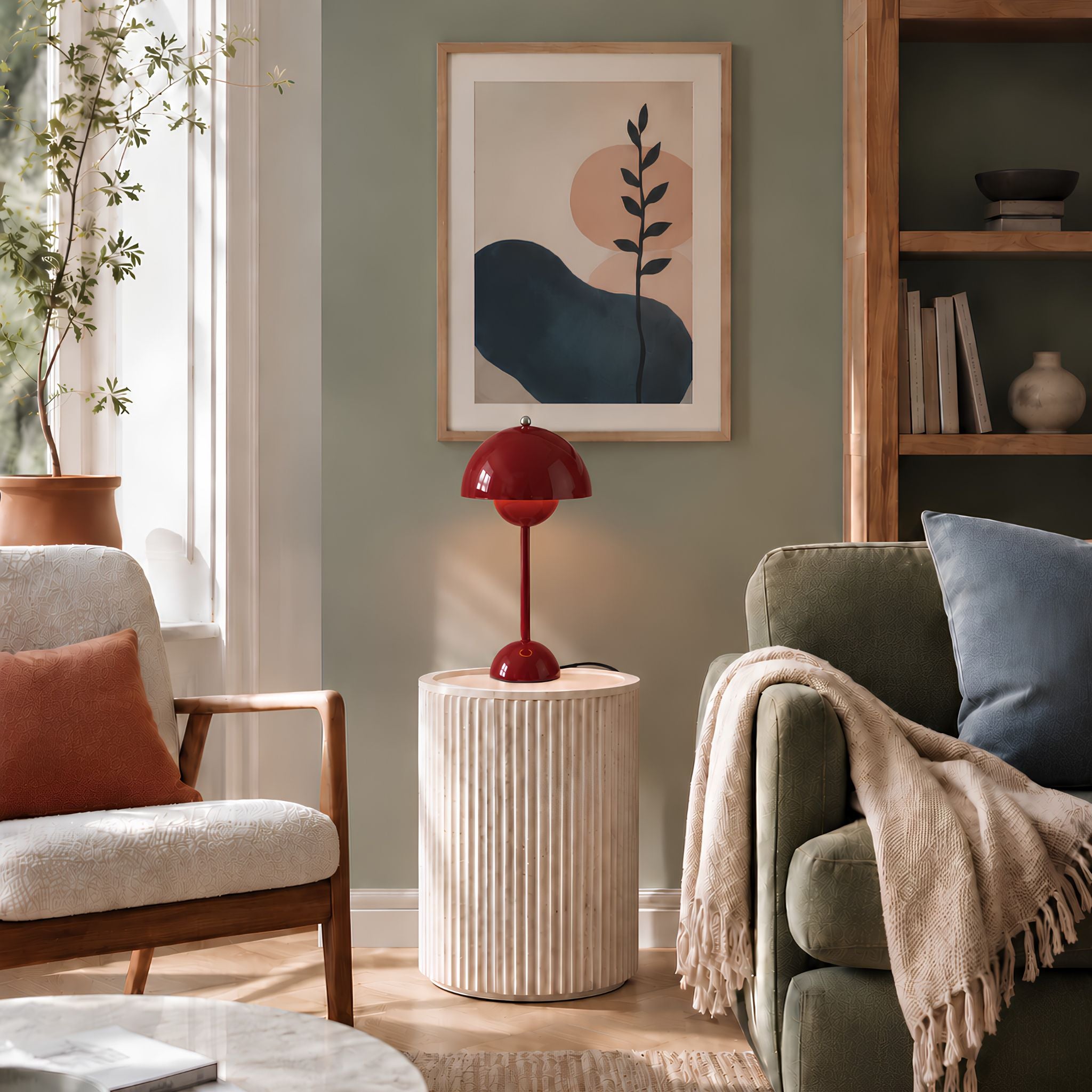 vardagsrum.jpg
Röd Flowerbud bordslampa 42 cm med sladd placerad på sidobord i ett modernt skandinaviskt vardagsrum