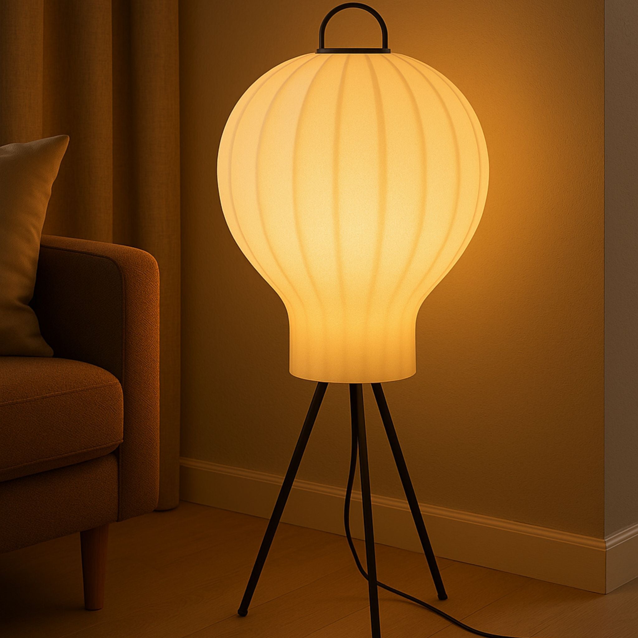 Tänd golvlampa Bubble som sprider varmt och behagligt ljus i vardagsrum med mjuk och harmonisk atmosfär.