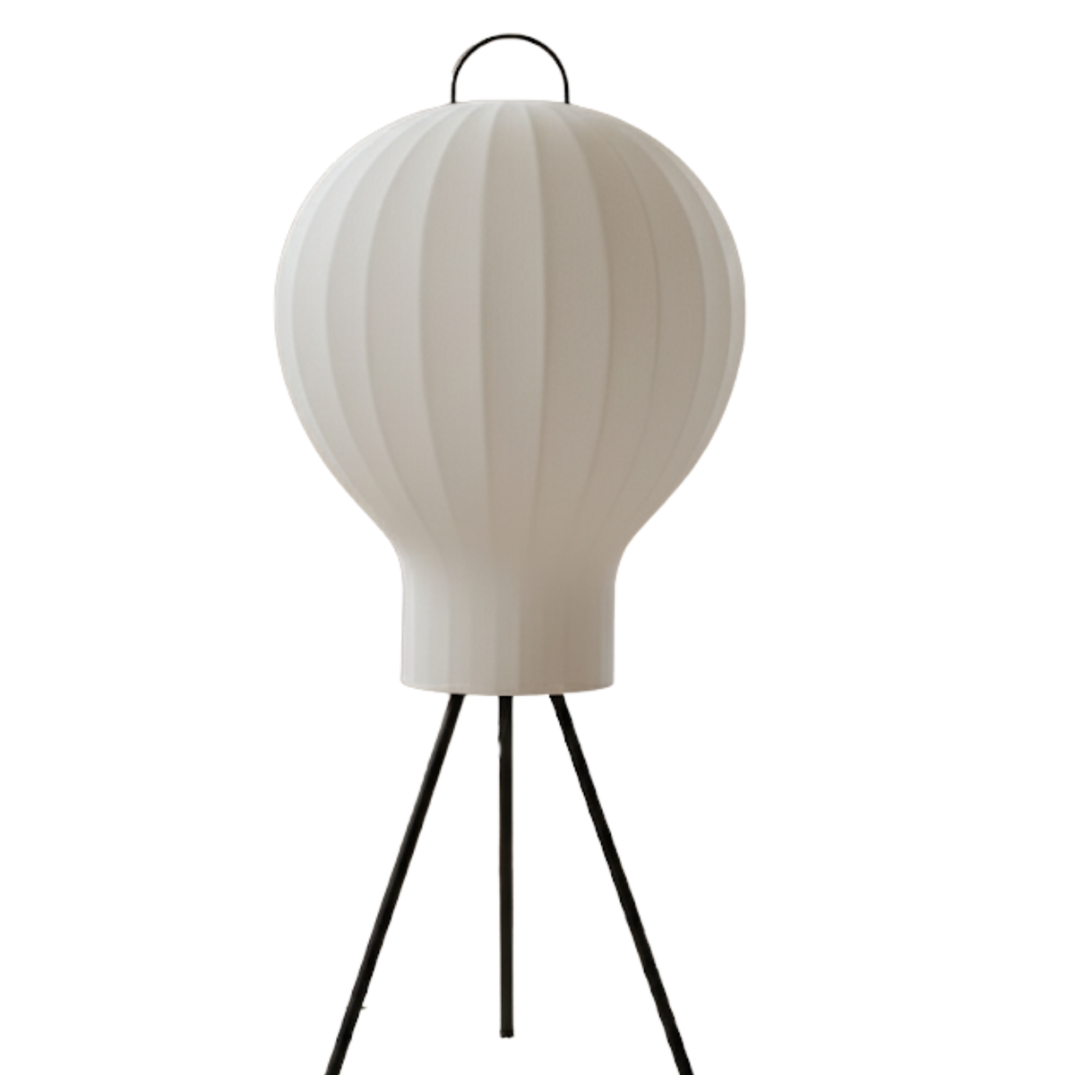 Golvlampa Bubble i vit Cacoon design med svart stativ, stilren golvlampa i skandinavisk design