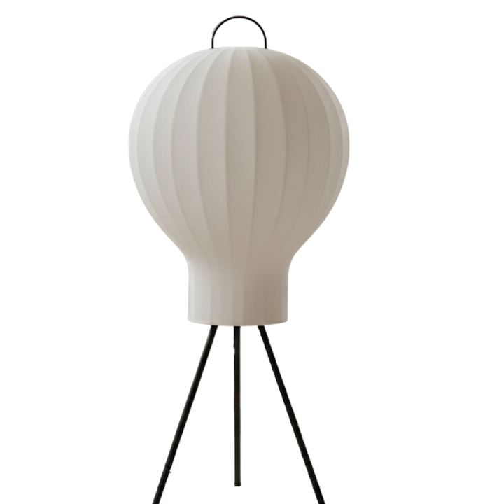 Golvlampa Bubble i vit Cacoon design med svart stativ, stilren golvlampa i skandinavisk design