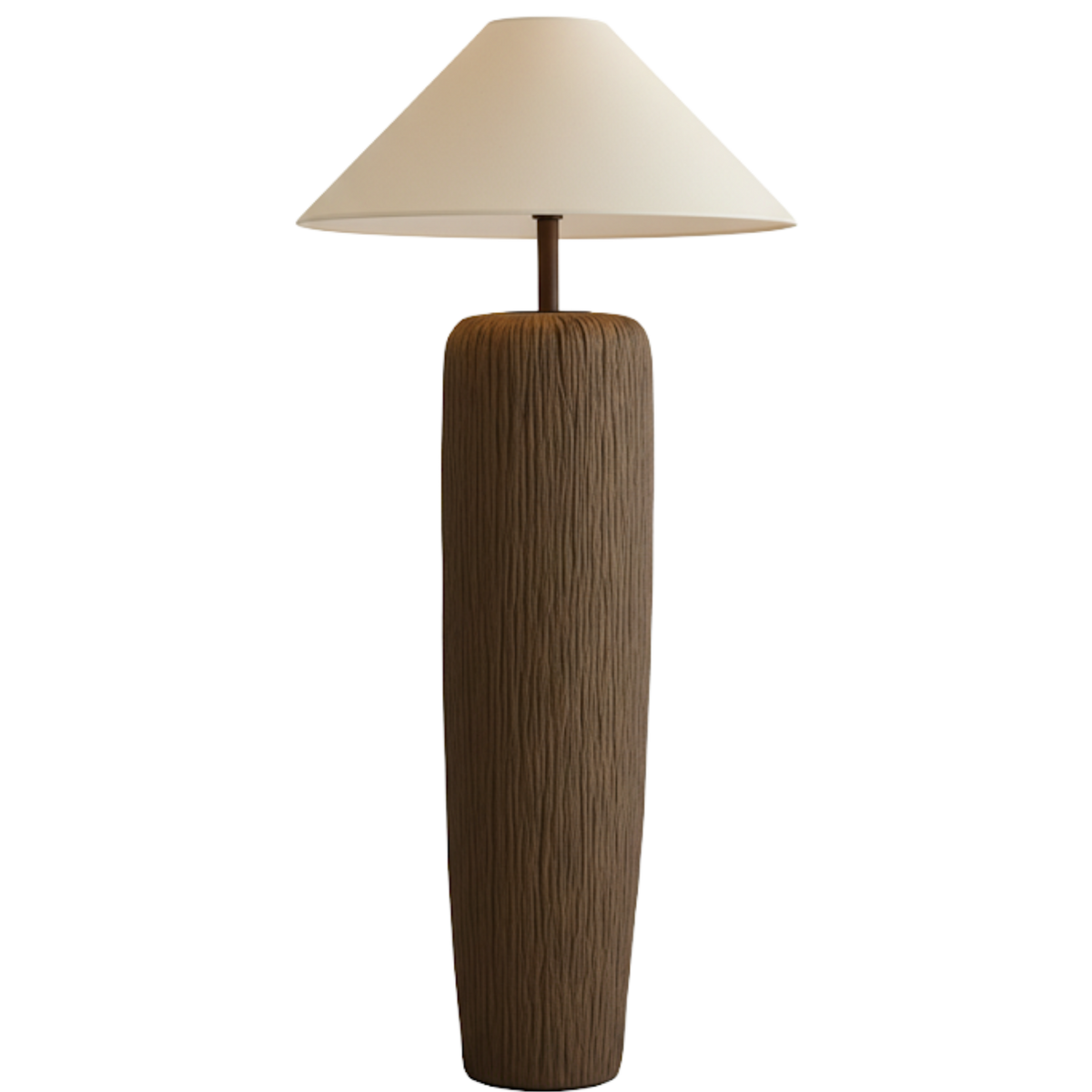 Golvlampa Savannah i naturfärgat trä med konisk lampskärm i textil – skandinavisk golvlampa med varm och tidlös design