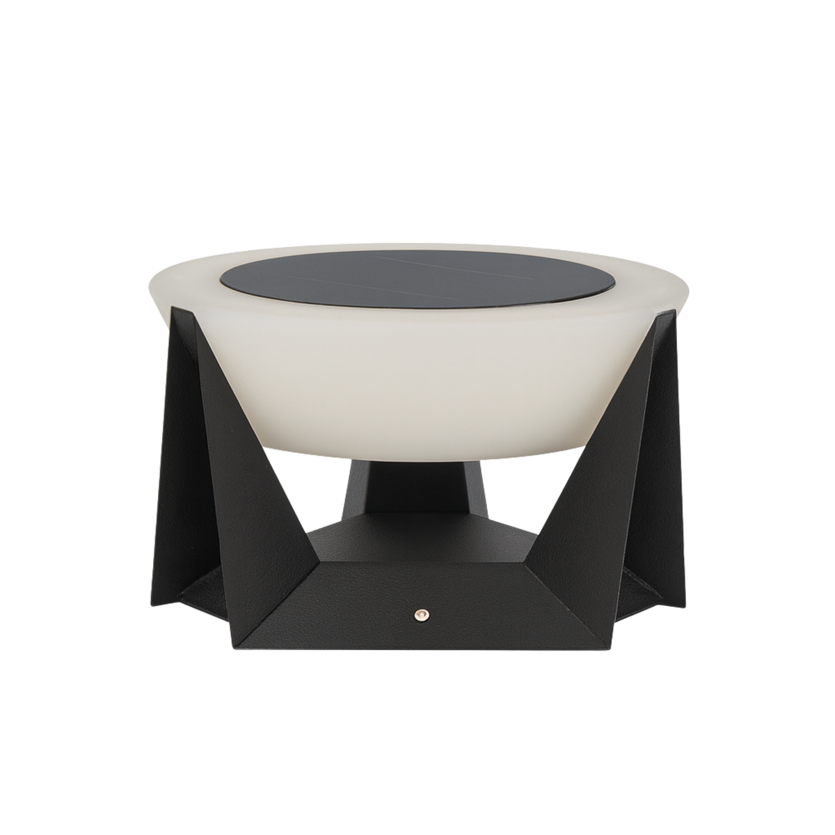 Helios solcellslampa 28 cm med modern design, triangulära ben och rund ljusspridare – dekorativ solcellsdriven utomhusbelysning för trädgård och uteplats