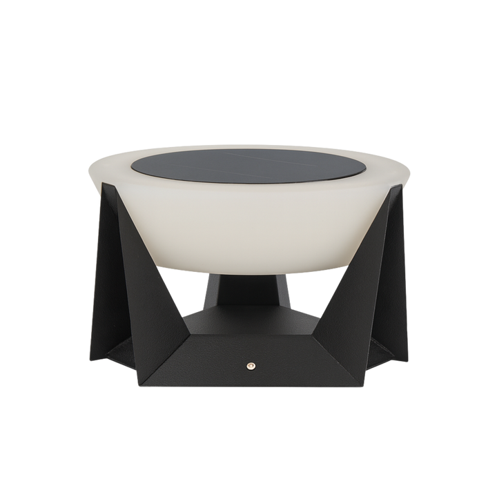 Helios solcellslampa 28 cm med modern design, triangulära ben och rund ljusspridare – dekorativ solcellsdriven utomhusbelysning för trädgård och uteplats