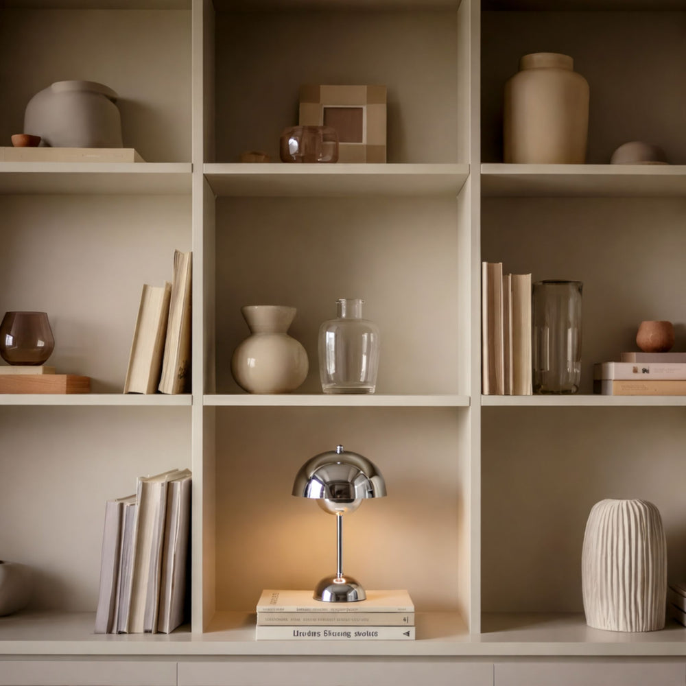 Krom bordslampa i modern design placerad i stilren bokhylla med varma toner och dekorativa detaljer