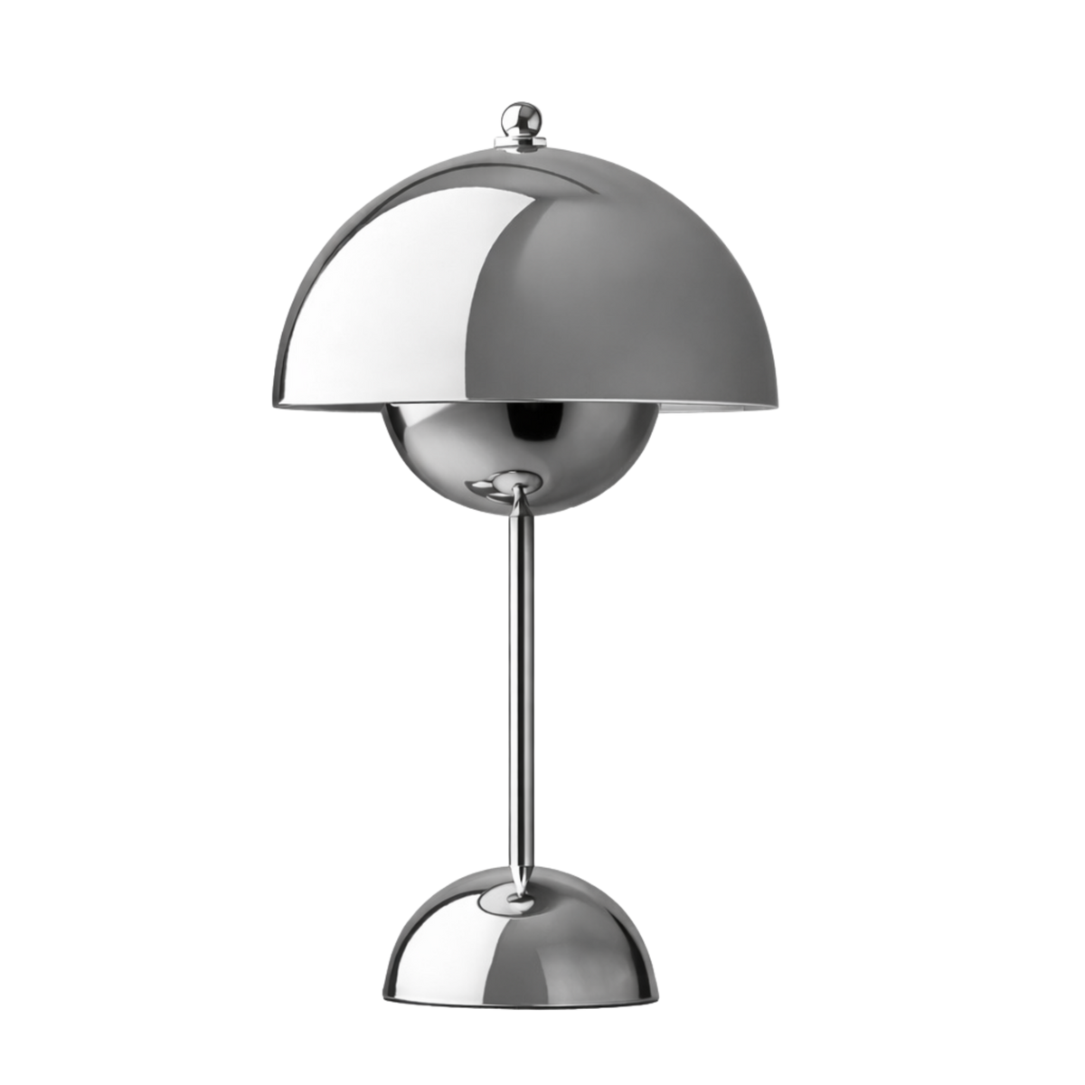 Krom Flowerbud portabel bordslampa i blank metall med modern design och rund skärm, uppladdningsbar för stilren belysning