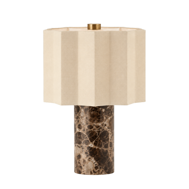 Monolit Breccia portabel bordslampa med veckad beige skärm och fot i brun brecciamarmor