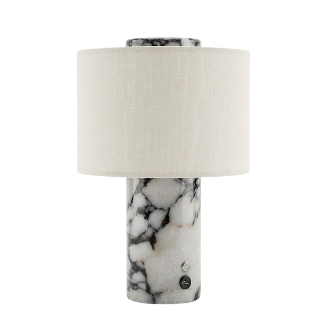 Monolit portabel bordslampa i marble natursten med textilskärm