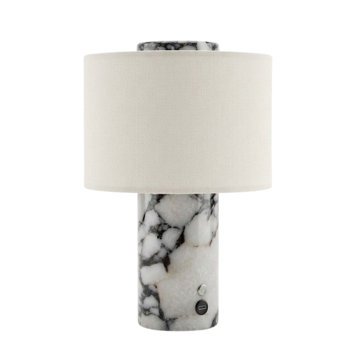 Monolit portabel bordslampa i marble natursten med textilskärm