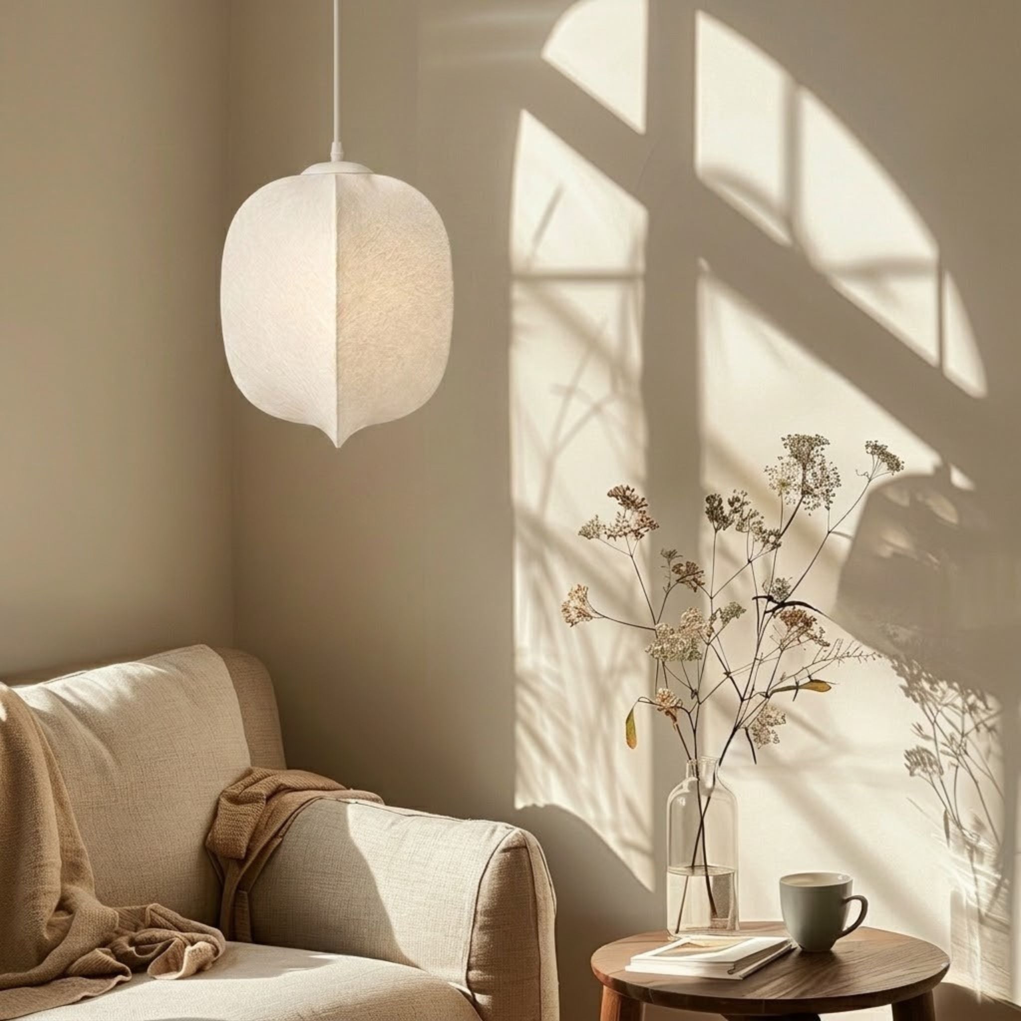 Nebbia Pebble taklampa i beige vardagsrum med mjukt varmvitt ljus