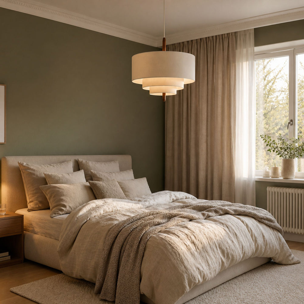 Rondo taklampa i ljust sovrum med modern design, beige tygskärm och mjuk hotellkänsla