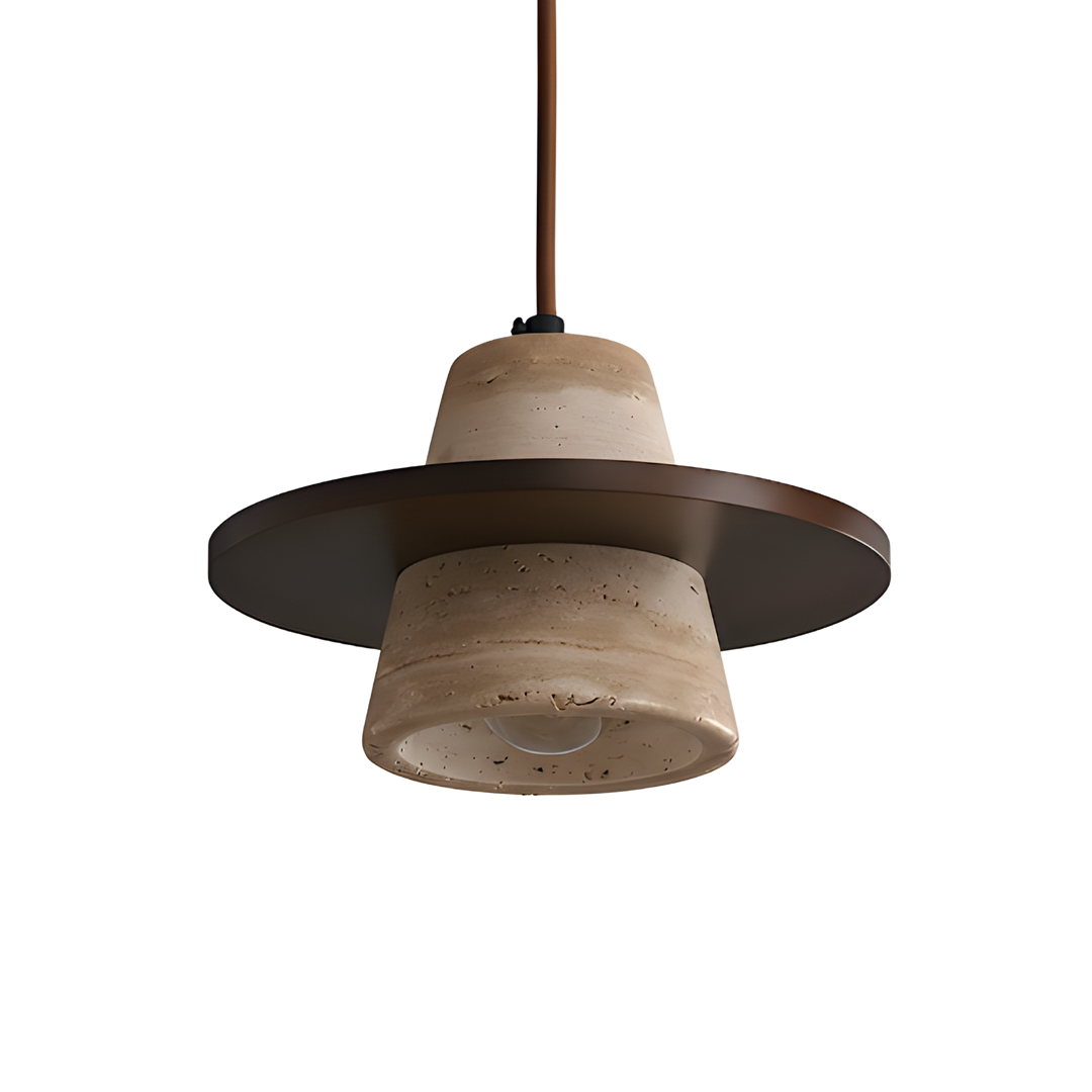 Saturn taklampa 20 cm i beige travertin och brunt trä med bred, rund lampskärm – stilren pendellampa i japandi- och wabi sabi-stil.