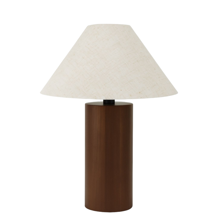Sirocco bordslampa 48 cm med cylindrisk fot i mörkt trä och beige linneskärm i skandinavisk design.
