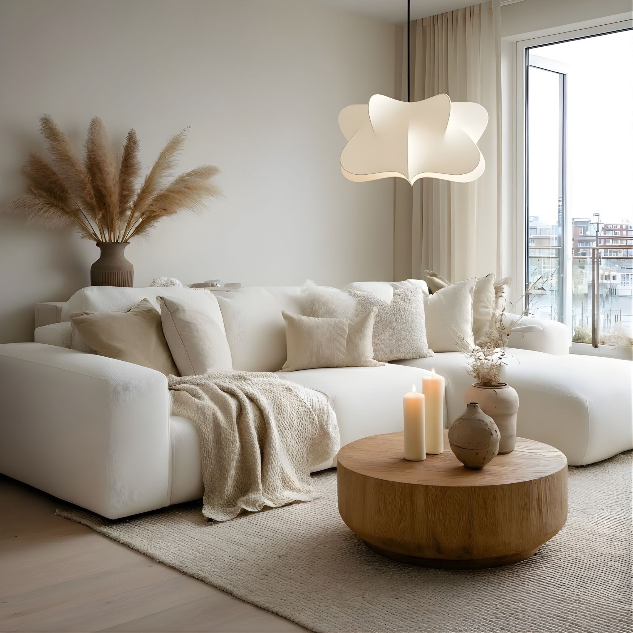 Taklampa Aurora monterad i vardagsrum i skandinavisk interiör