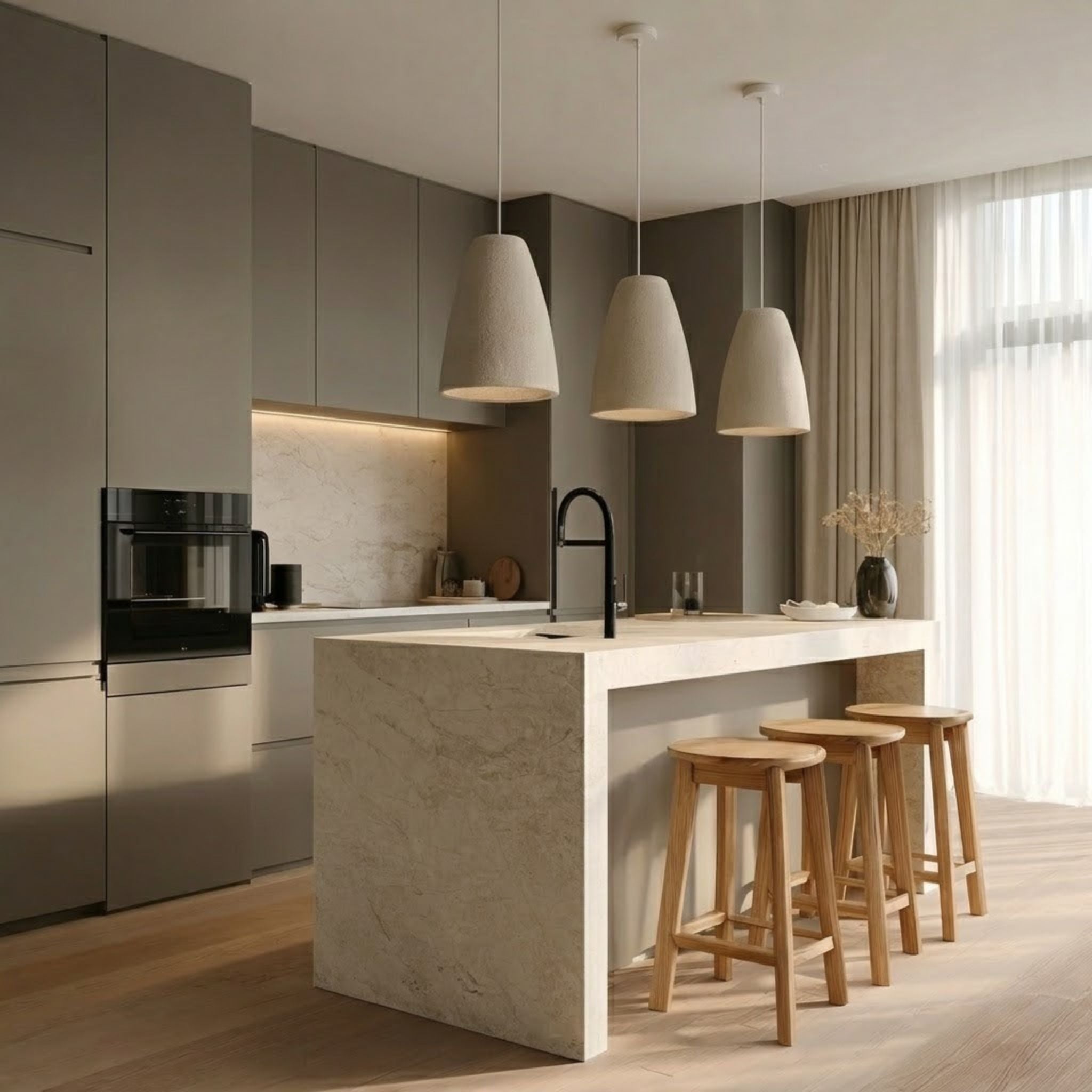 Tre Cirrus Cone taklampor i beige textur hängande över köksö med träpallar i ett modernt och stilrent skandinaviskt kök.