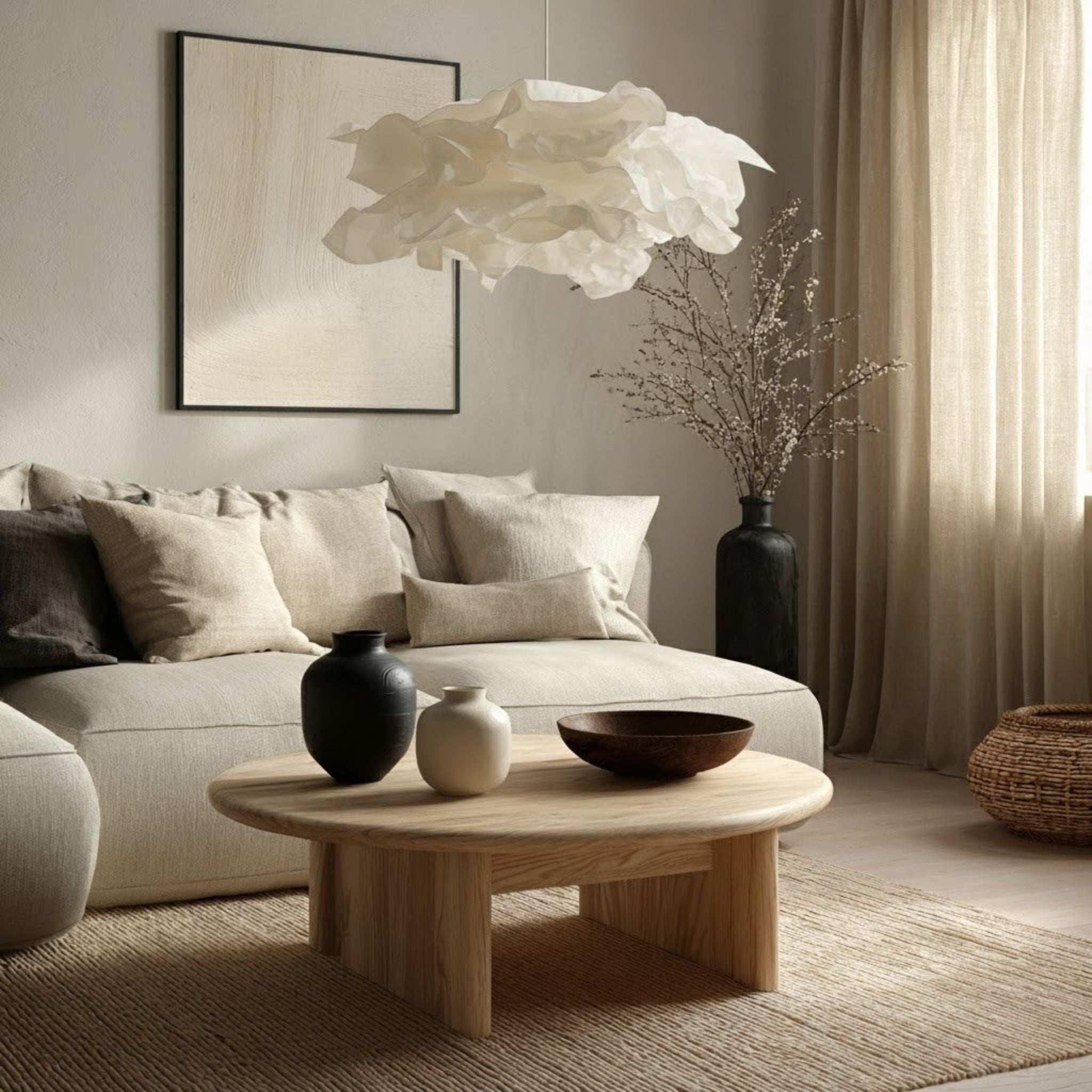 Taklampa Cloudy i vardagsrum med skandinavisk inredning som skapar ett mjukt och harmoniskt ljus