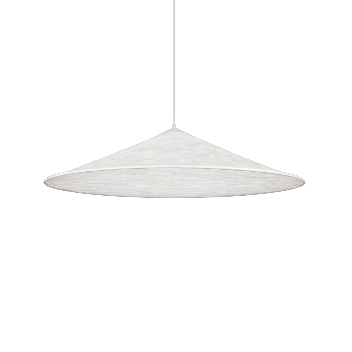 Taklampa Delta i vitt Dupont-papper med bred rund skärm i modern skandinavisk design på vit bakgrund.