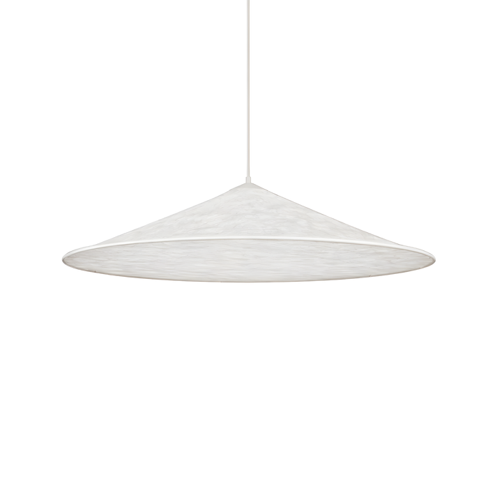 Taklampa Delta i vitt Dupont-papper med bred rund skärm i modern skandinavisk design på vit bakgrund.